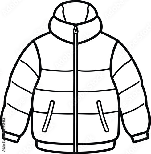Puffer jacket with zipper line art on transparent background