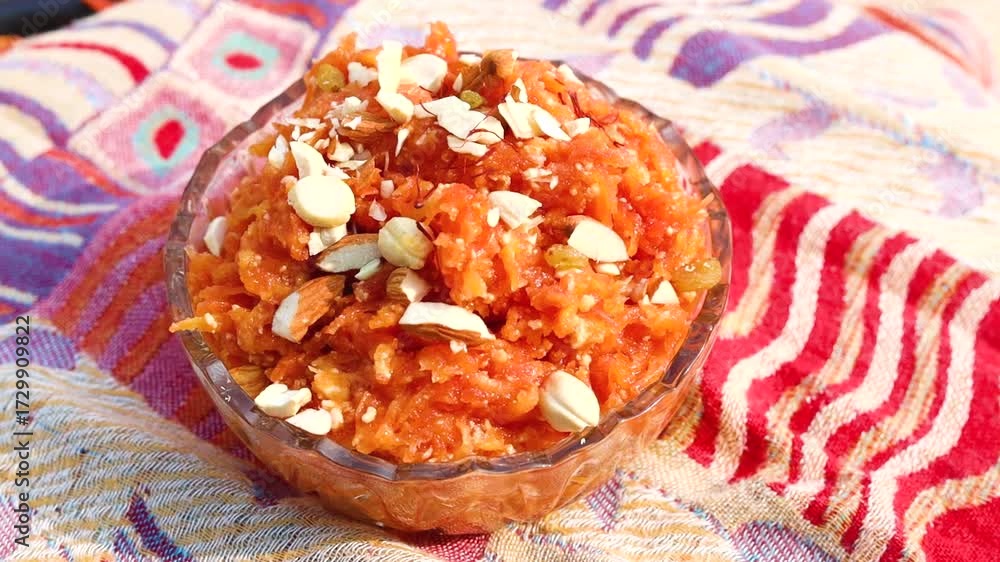 Gajar ka halwa is a sweet dessert pudding from India made from carrot, served in a bowl