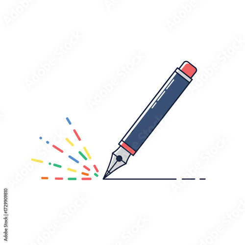 A colorful fountain pen creating art and drawing a line on a white background.