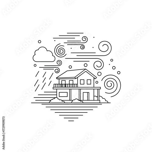 A house enduring severe weather conditions including heavy rain strong winds and swirling air currents.