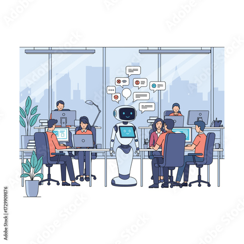 Modern office with employees and a friendly robot assistant interacting with technology