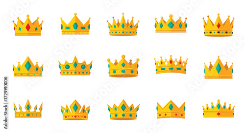 A collection of luxurious golden crowns decorated with precious gemstones representing royalty and power.