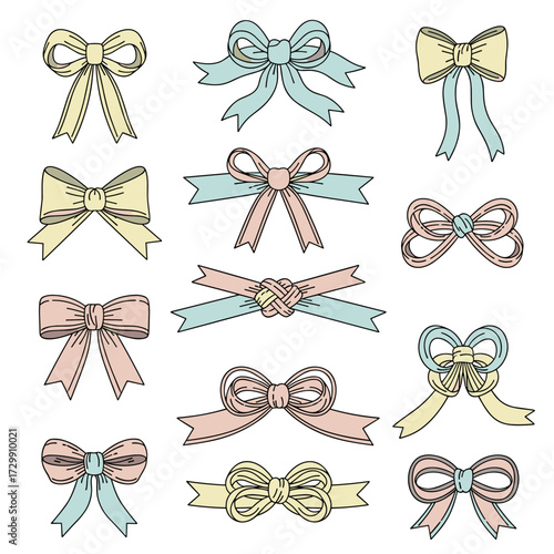 A collection of elegant hand drawn bows and ribbons in pastel colors.
