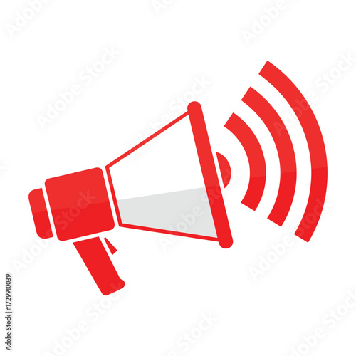 Red megaphone icon broadcasting sound waves, symbolizing announcement and communication