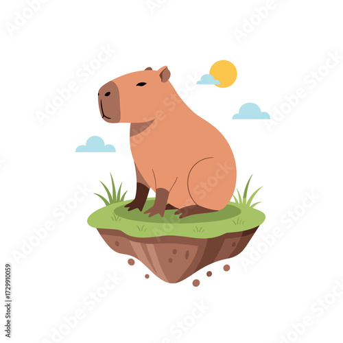 A serene capybara enjoys a sunny day on a floating island surrounded by clouds and grass.
