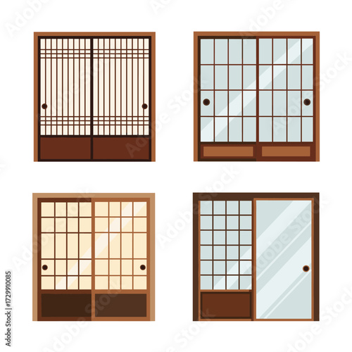 Four illustrations of traditional Japanese sliding doors with wooden frames and paper or glass panels.