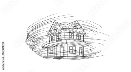 A detailed sketch of a charming two story house with a porch and surrounding trees.
