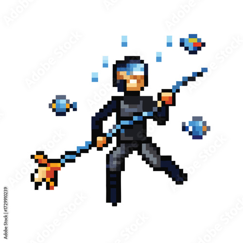 Pixel Art Spearfisher Character Sprite, 16-bit Underwater Adventure for RPG