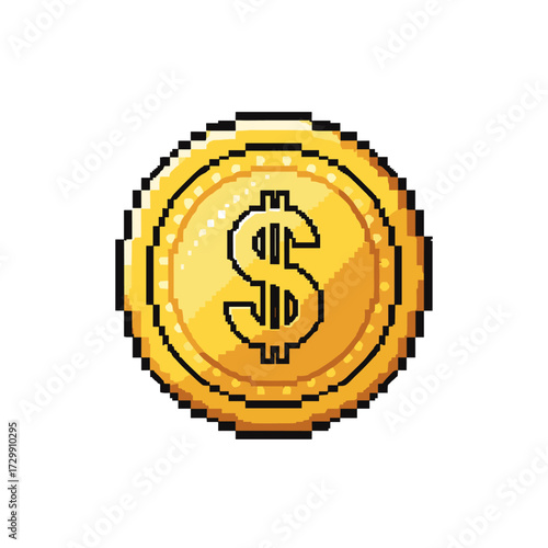 Pixel art golden coin with a dollar sign representing wealth and digital currency.