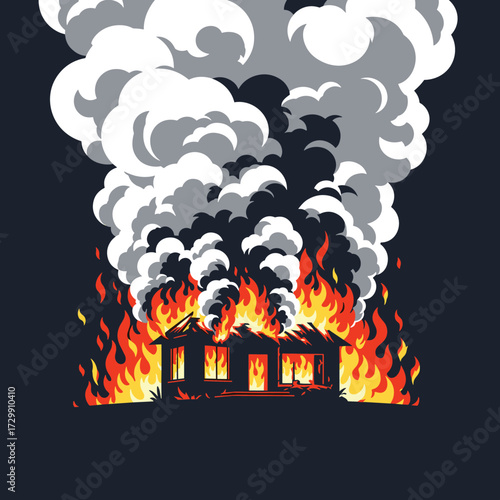 A house engulfed in intense flames and thick smoke billowing into the dark sky.
