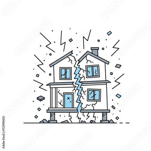 A two story house is splitting down the middle with lightning bolts and debris flying around it.