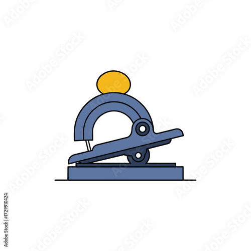 A close up view of a manual embossing seal device with a yellow round object on top and a lever mechanism.