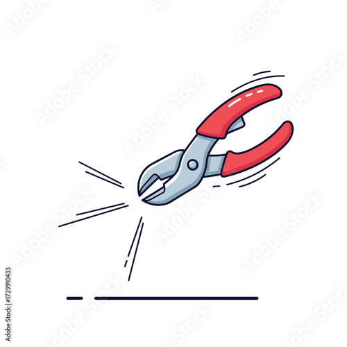A pair of pliers with red handles is in motion with blurred lines indicating speed as it moves forward.