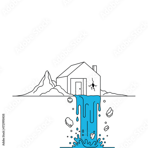 A house situated on a landscape with a waterfall cascading from beneath it into a hole.