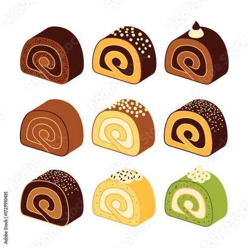 A variety of delicious Swiss roll cakes with different flavors and toppings arranged in a grid.