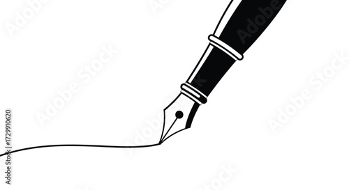 A classic fountain pen gracefully writes a smooth, flowing line across a white background creating elegant cursive.