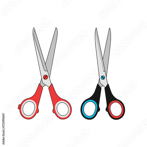Two open scissors with colorful handles and silver blades are depicted against a white background.