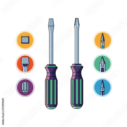 Two screwdrivers and various tool bits shown in circular frames.