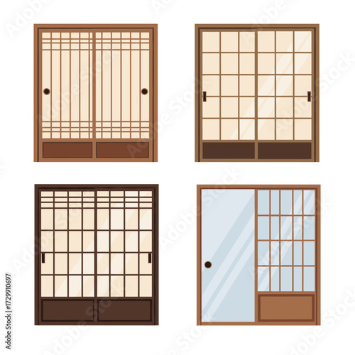 Traditional Japanese shoji screen doors and room dividers with intricate wooden latticework and paper panels.