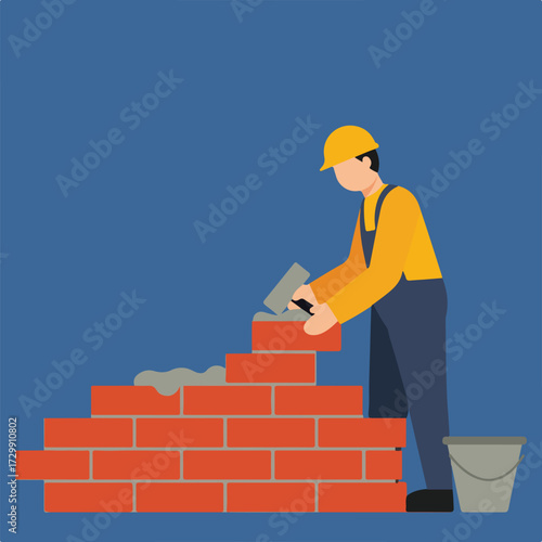 Illustration of a bricklayer wearing a helmet and overalls, building a brick wall with mortar using a trowel, next to a bucket.