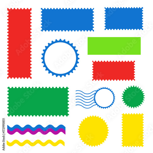 Collection of various postage stamps and decorative border elements.