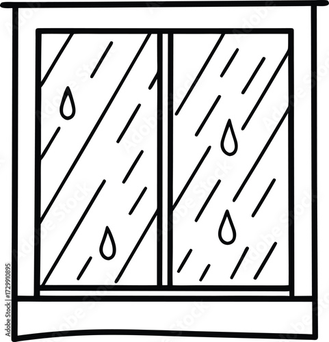 Rain drops sliding down a window pane line art on transparent background