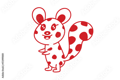 Red cartoon squirrel outlined with polka dots stands smiling against the white backdrop