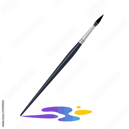 A sleek paintbrush creates vibrant streaks of purple blue and yellow paint on a clean white surface.