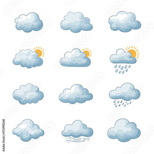 Illustrations of different weather conditions represented by clouds including sunshine and rain.