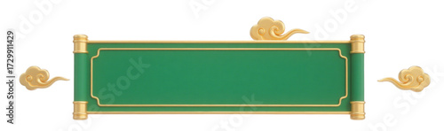 3D Rendered Green Rectangular Frame with Golden Chinese Cloud Decorations
English Keywords