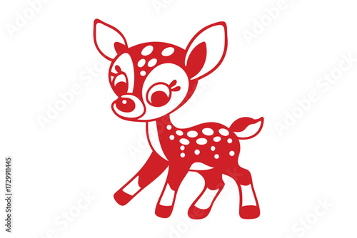 Red fawn with white spots stands innocently looking ahead on a plain background