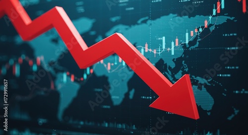 Global economic recession and financial market crisis symbolized by a sharp red arrow, indicating a steep decline in business performance and market value worldwide