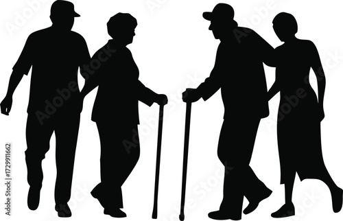 Elderly couple or grandparents walking together. They are holding a stick in hand., Senior Citizen Vector Illustrations. Eps 10
