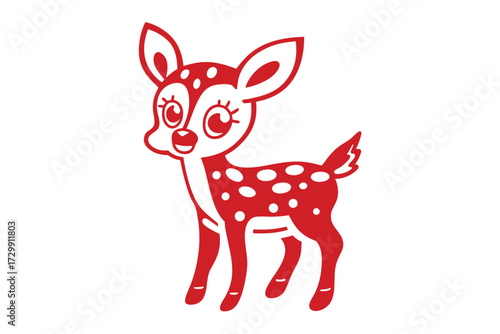 Red colored fawn outlined and patterned with spots poses cutely on a white background