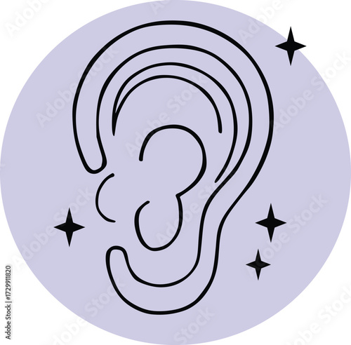 Minimalist Ear Icon with Sparkles on Lavender Circle Background