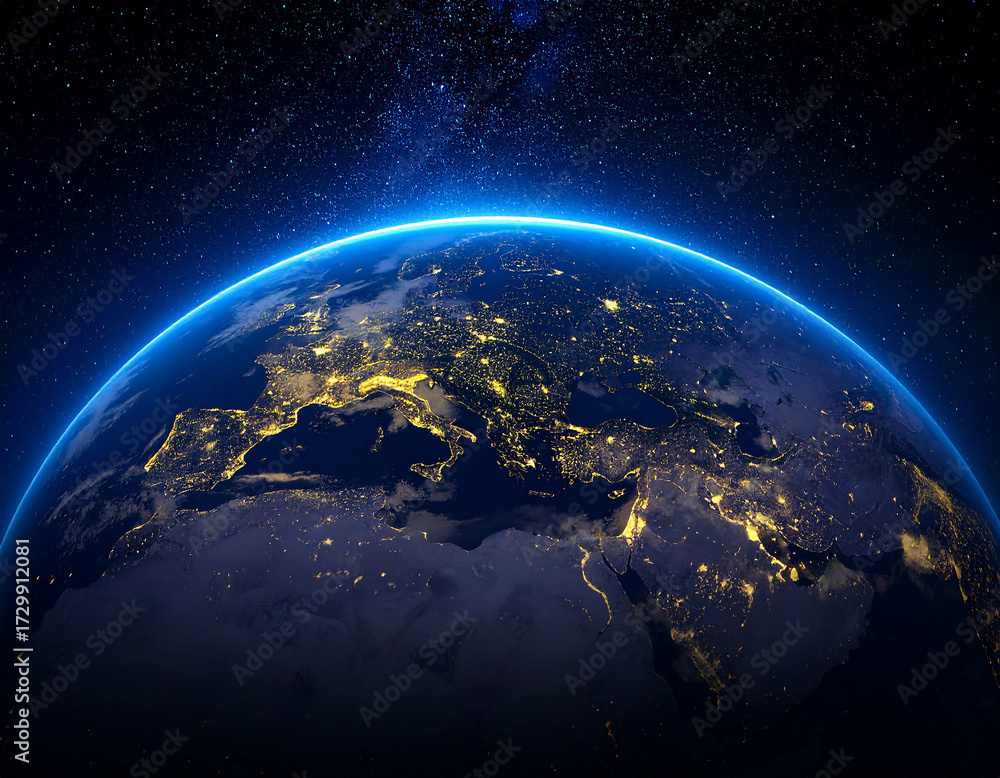 Fototapeta premium Earth illuminated by city lights seen from space night