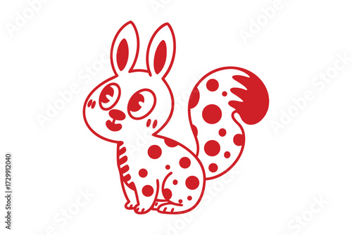 Red outline of cartoon bunny and squirrel hybrid with polka dots sits happily