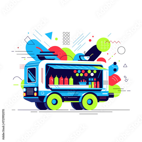 A colorful and abstract food truck illustration with vibrant geometric shapes and playful design elements.
