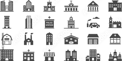 Building and facility icon set, hospital and police station symbol, city architecture vector, church and factory silhouette, public service structure, urban building design