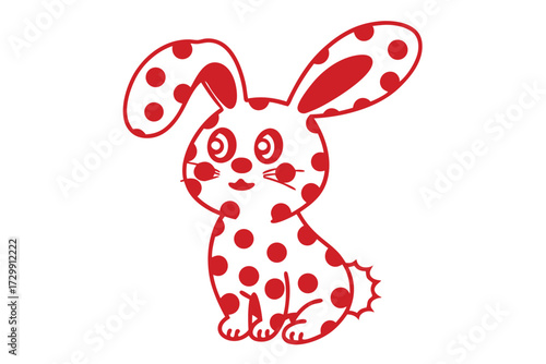 Red outlined bunny sits upright, adorned with red spots against a white background