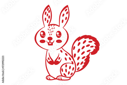 Red line art features cute hybrid bunny squirrel cartoon character with adorable smiling expression