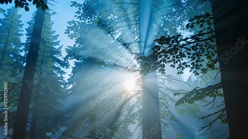 Sunlight streams through misty forest trees creating a magical atmosphere, ideal for nature documentaries and serene background visuals