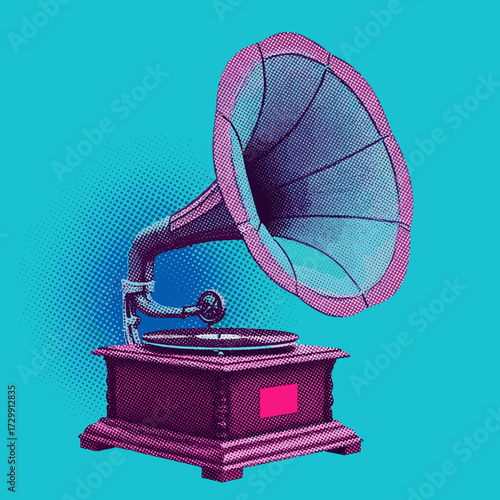 An antique gramophone plays music in this vibrant retro illustration with a turquoise background.