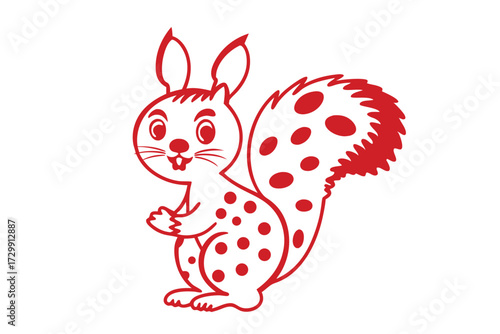Red outlined squirrel with spots is standing against a plain white background