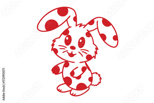 Red polka dotted rabbit smiling cheerfully while standing upright on a pure white backdrop