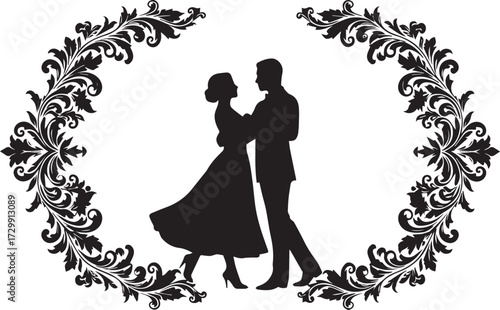 Romantic silhouette of a bride and groom's first dance, elegantly framed by a vintage ornate floral border design