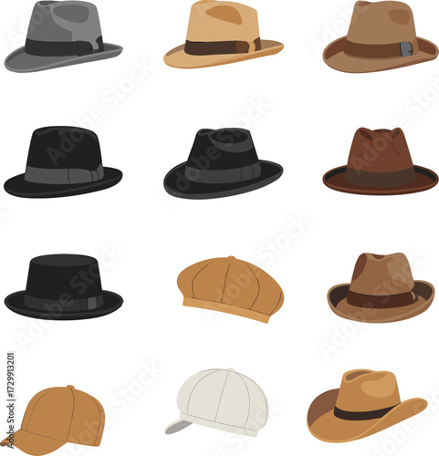 Collection of stylish hats, fedora, cowboy hat, baseball cap, flat cap, fashion accessories, men headwear, classic vintage hat set, vector illustration