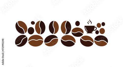 Coffee beans and cup of coffee arranged creatively on white surface creating a warm and inviting atmosphere for coffee lovers.