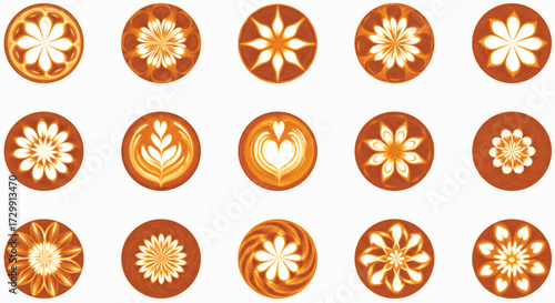 Latte art designs float atop frothy coffee in brown cups, showcasing floral and heart patterns in a cozy cafe setting.