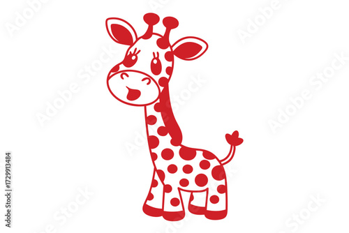 Red spotted cartoon giraffe stands cheerfully on a white background, smiling sweetly